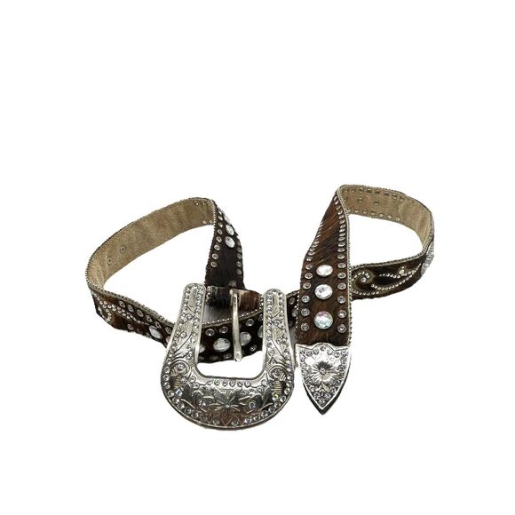 Western Cowgirl Belt Womens Brown Pony Calf Hair Leather Rhinestone Studded main image 5